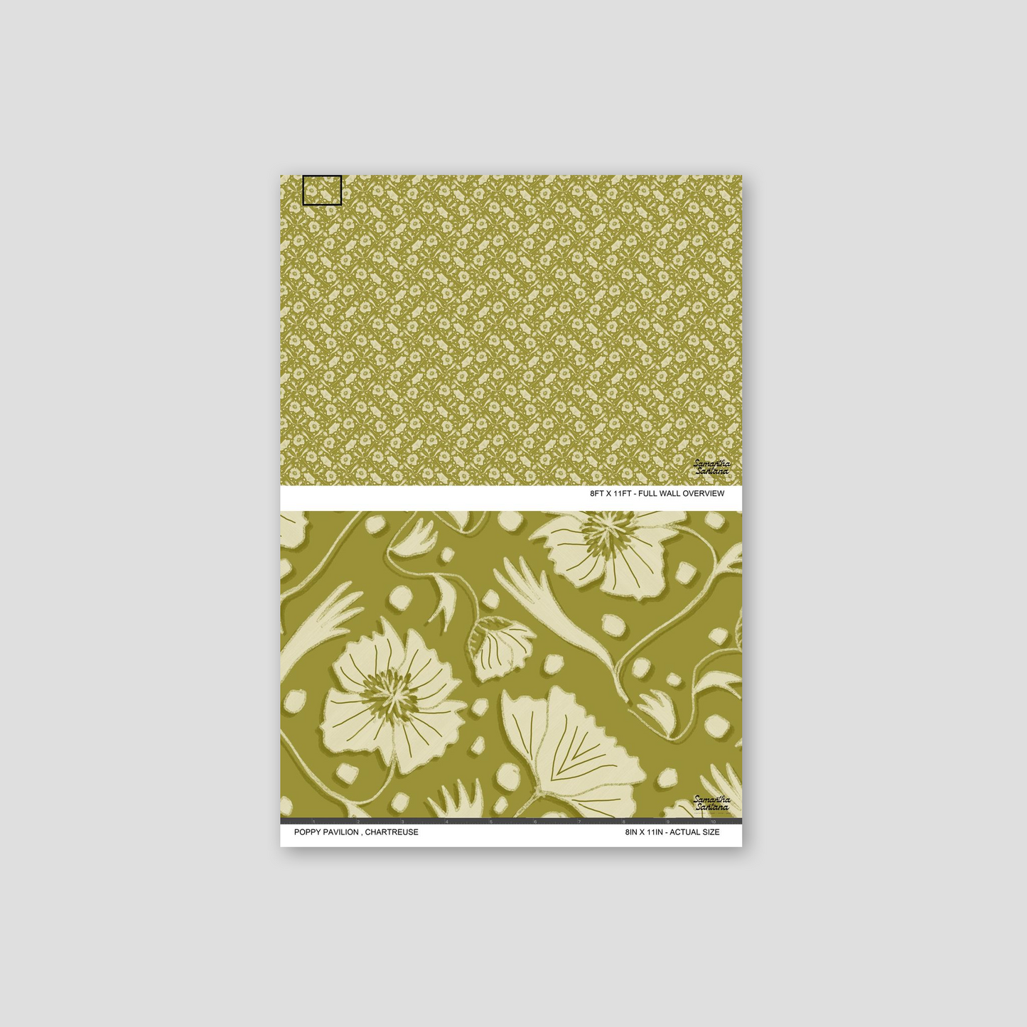 Chartreuse floral poppy wallpaper sample with intricate botanical design.