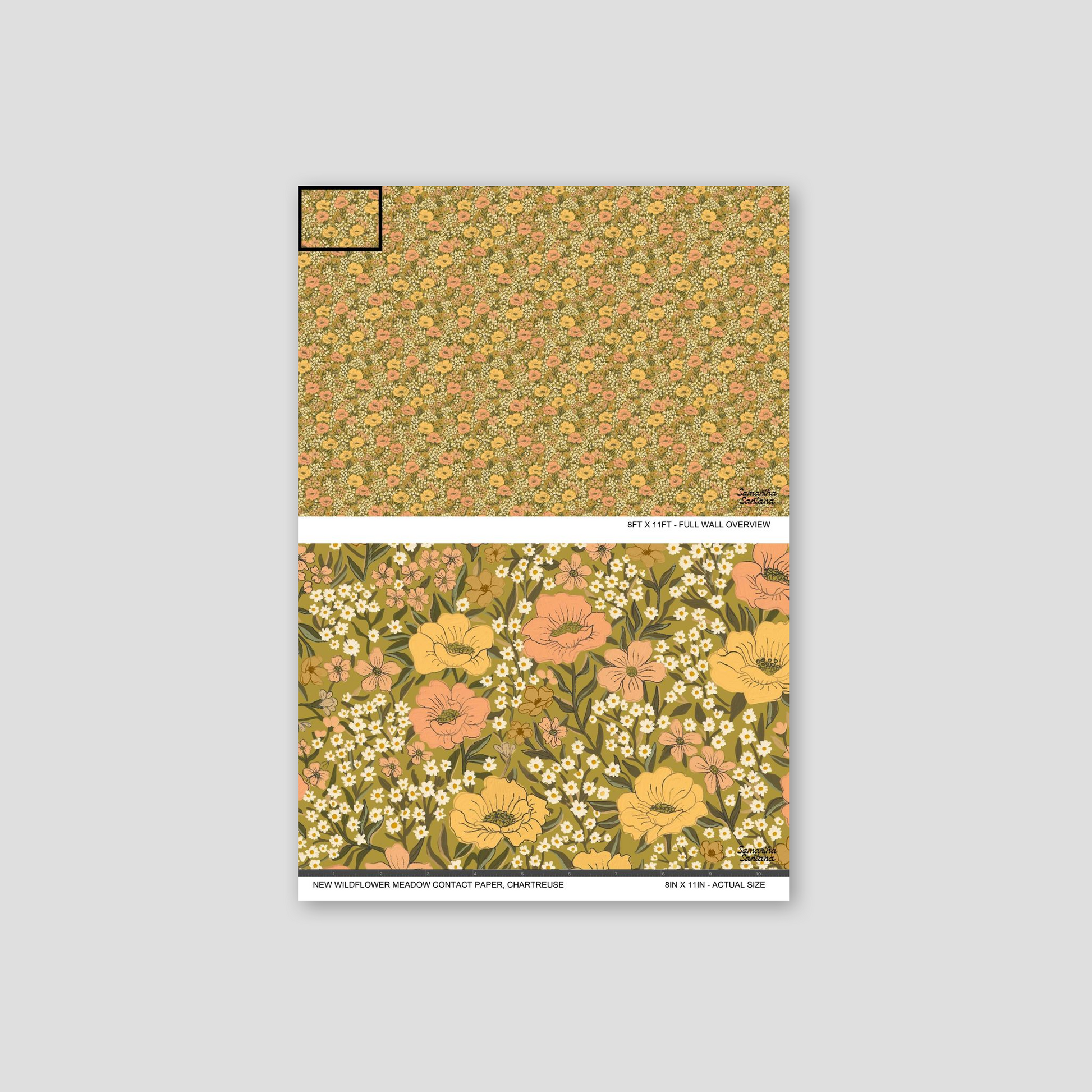 Chartreuse floral wildflower meadow contact paper, shelf liner with vibrant blooms.