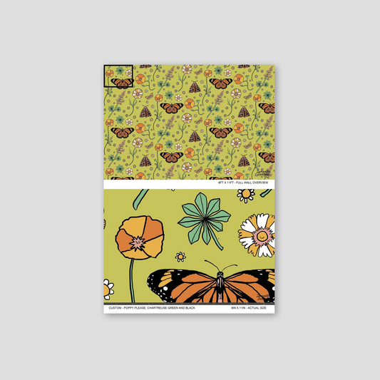 Chartreuse green wallpaper with butterflies and flowers, playful and vibrant.