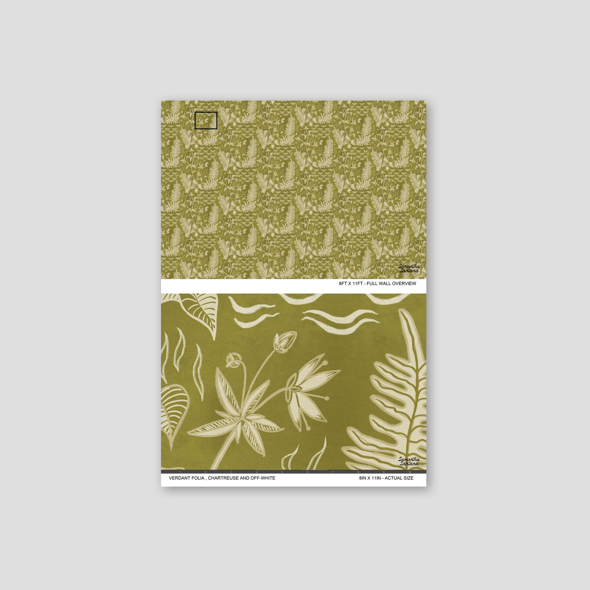 Chartreuse and off-white botanical wallpaper with intricate fern and flower patterns.