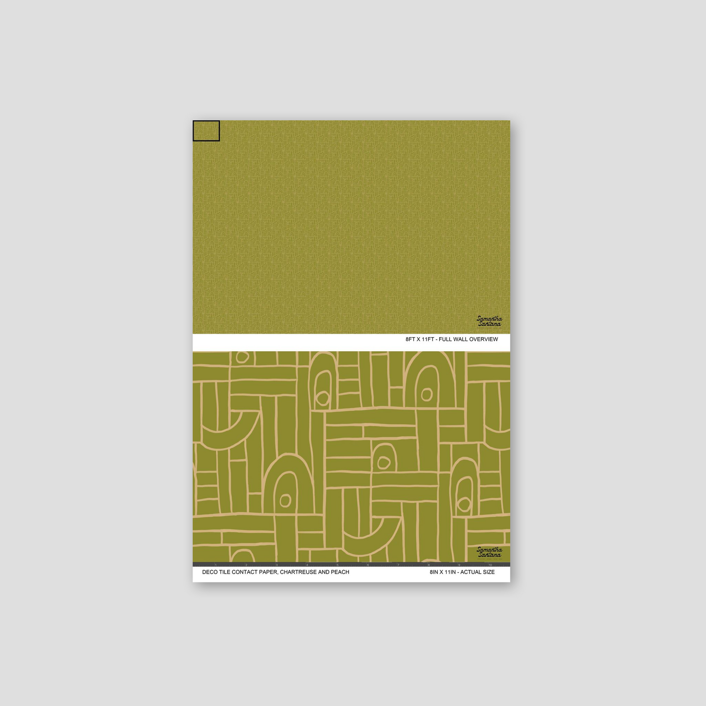Chartreuse and peach geometric contact paper, shelf liner with bold, playful pattern.