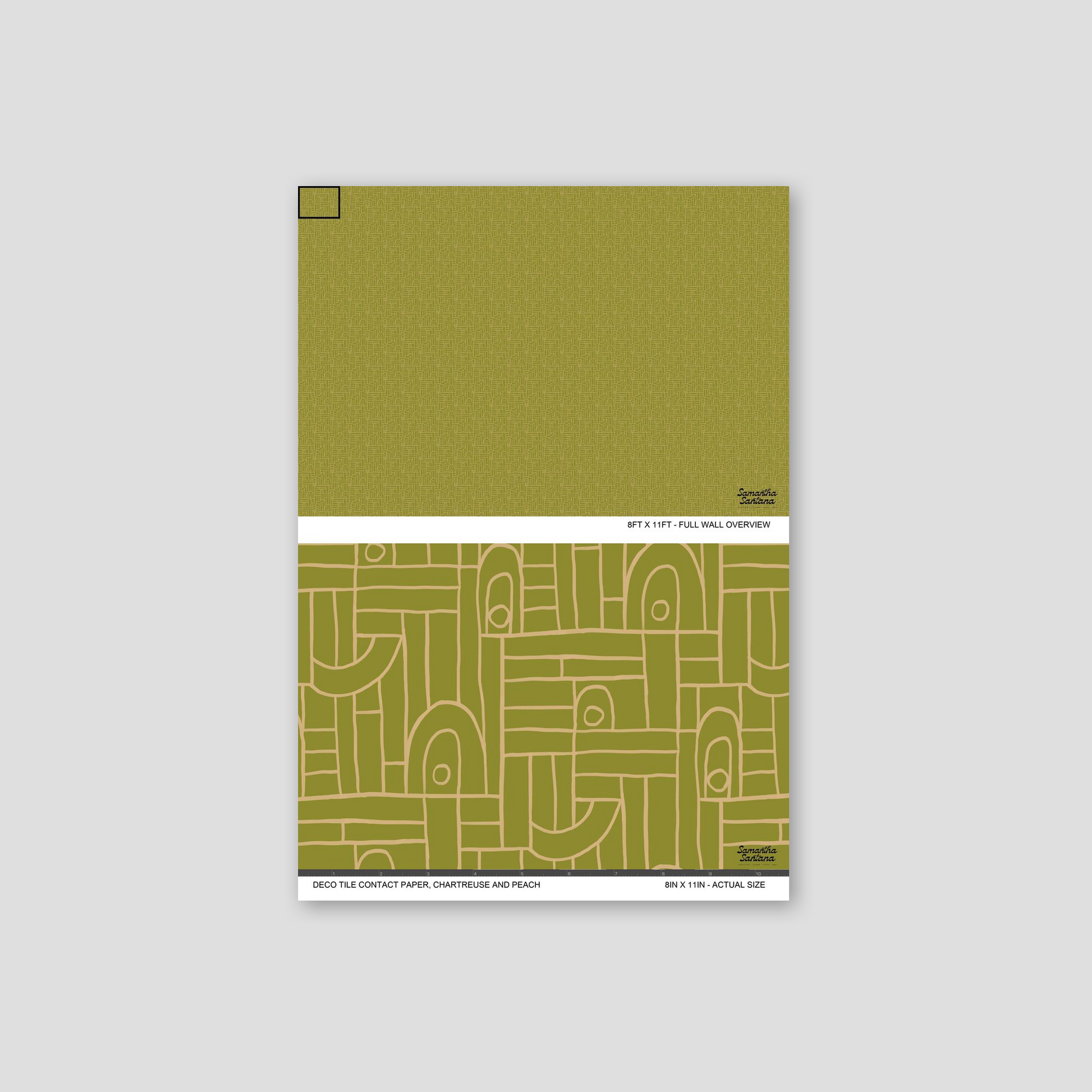 Chartreuse and peach geometric contact paper, shelf liner with bold, playful pattern.