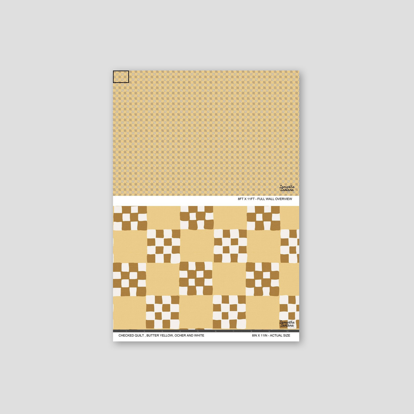 Checked quilt wallpaper in butter yellow, ocher, and white with geometric pattern.