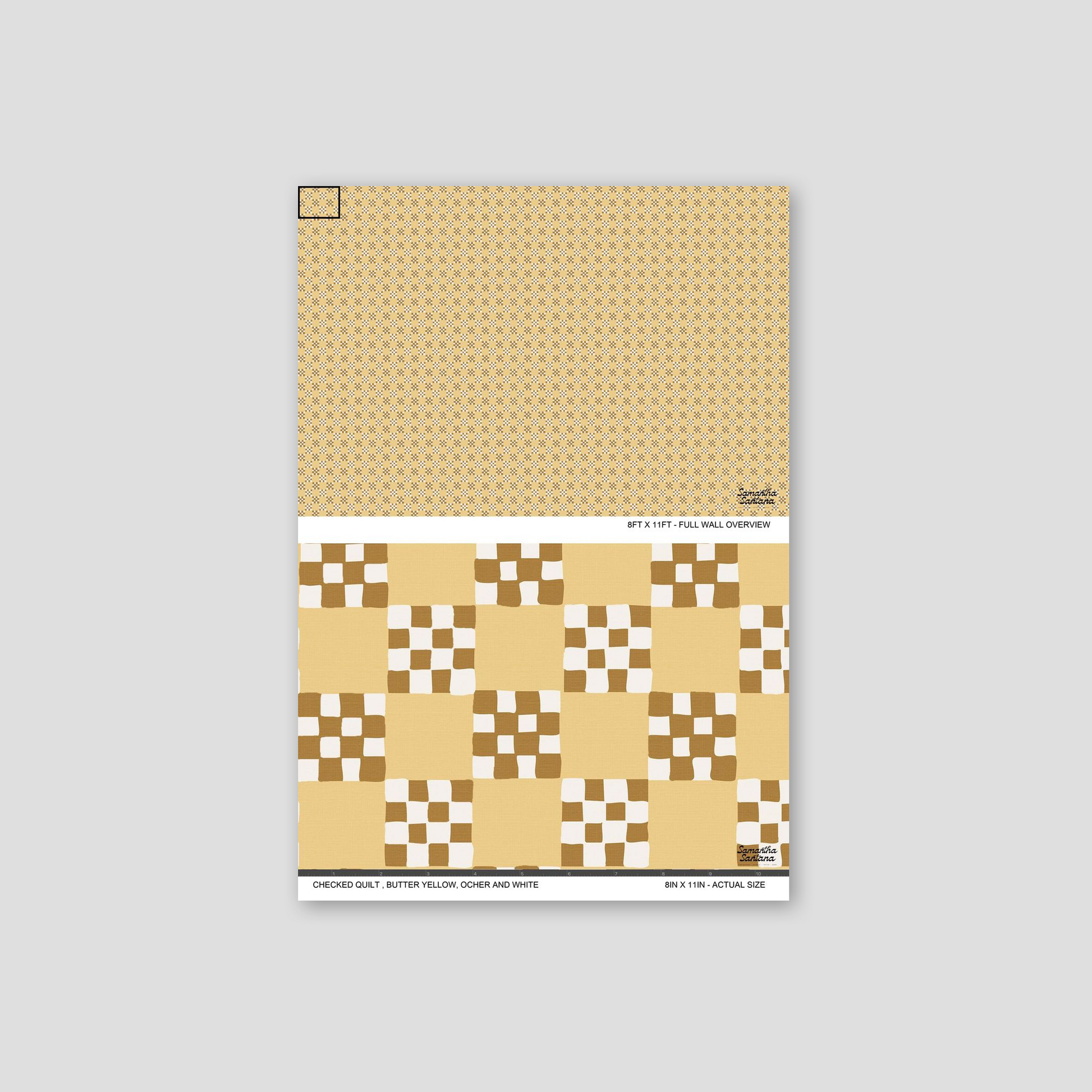 Checked quilt wallpaper in butter yellow, ocher, and white with geometric pattern.