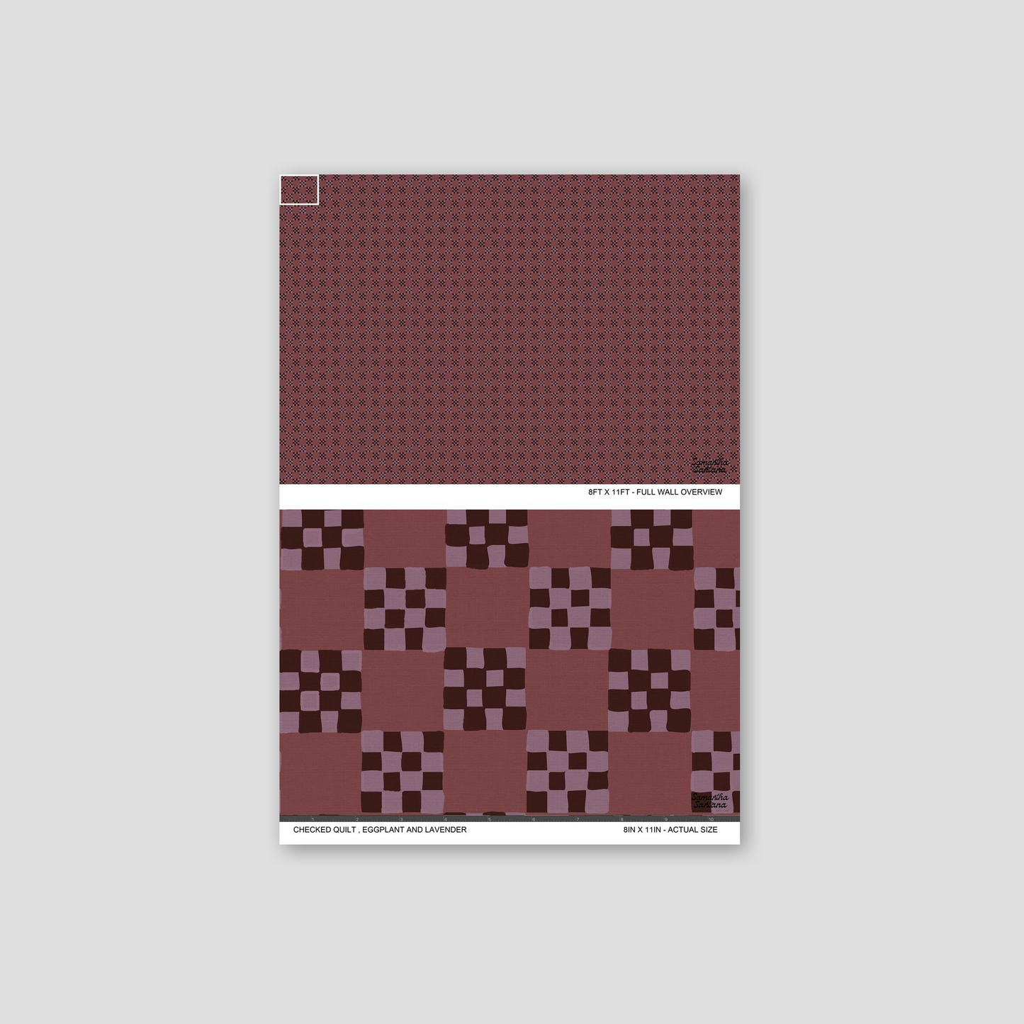 Checked quilt wallpaper in eggplant and lavender with geometric squares.