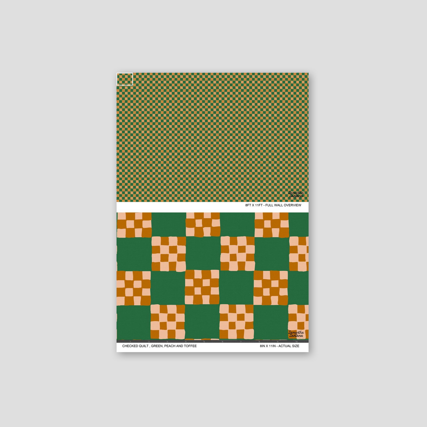 Checked quilt wallpaper with green, peach, and toffee squares in a geometric pattern.