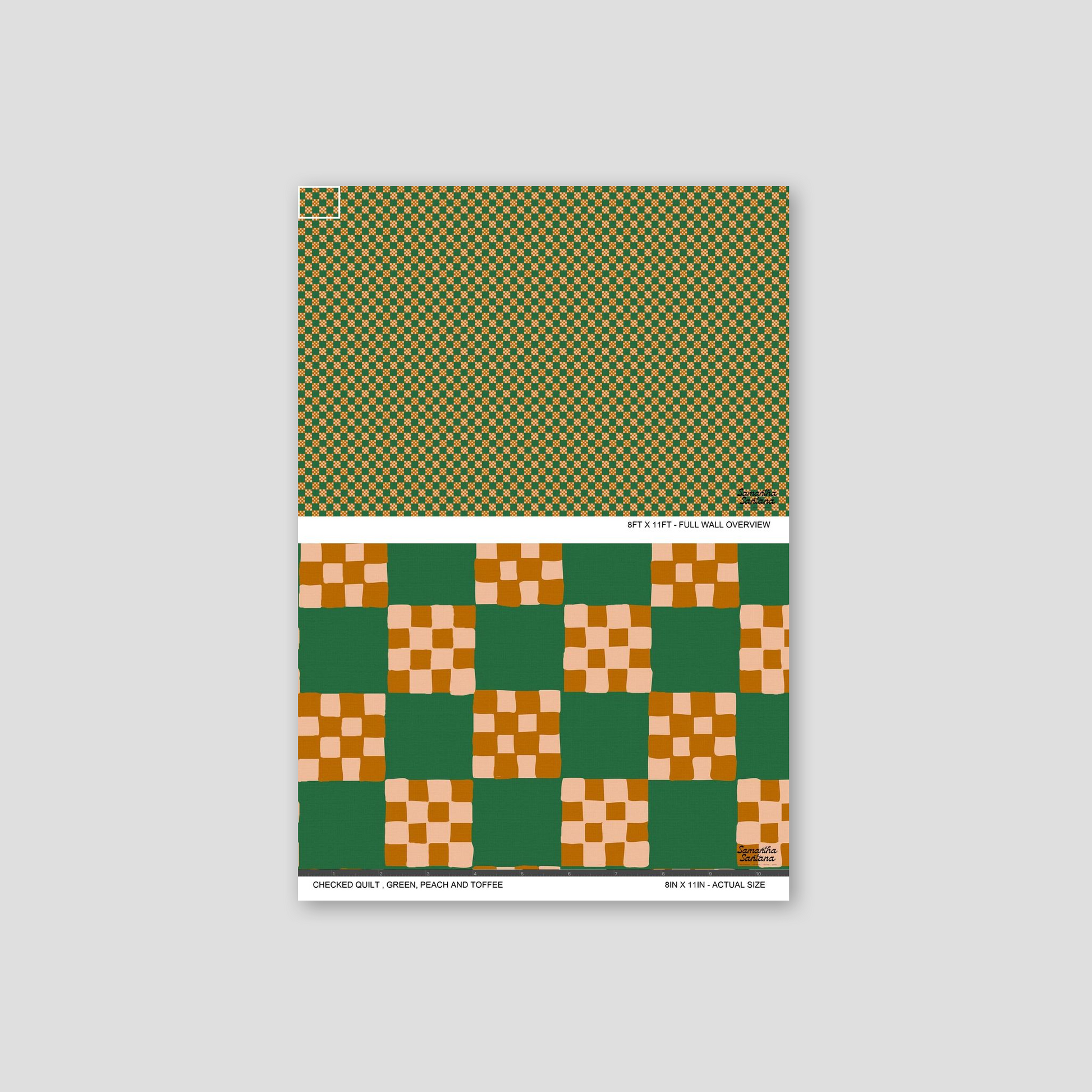 Checked quilt wallpaper with green, peach, and toffee squares in a geometric pattern.