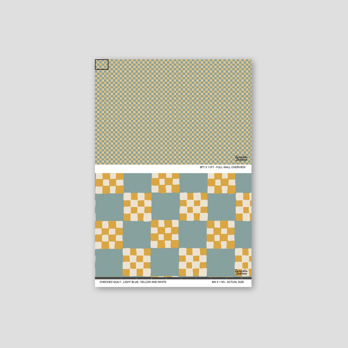 Checked quilt wallpaper in light blue, yellow, and white with geometric pattern.