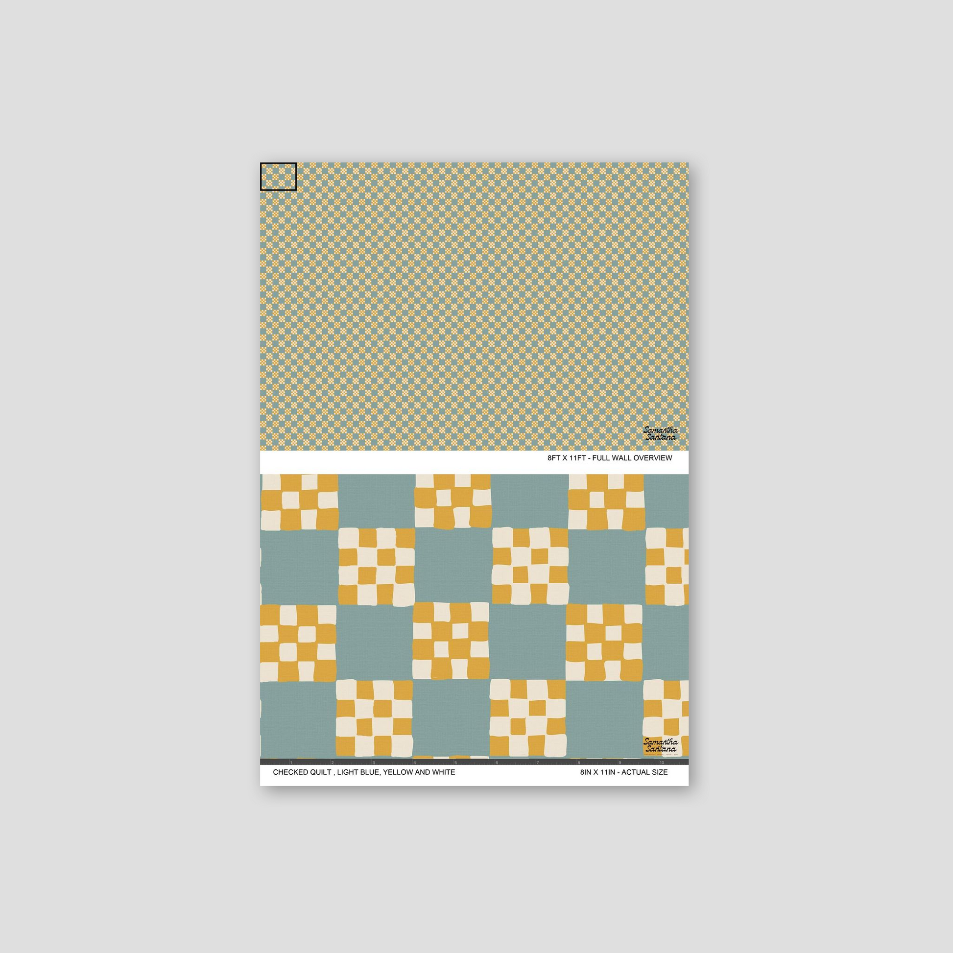 Checked quilt wallpaper in light blue, yellow, and white with geometric pattern.