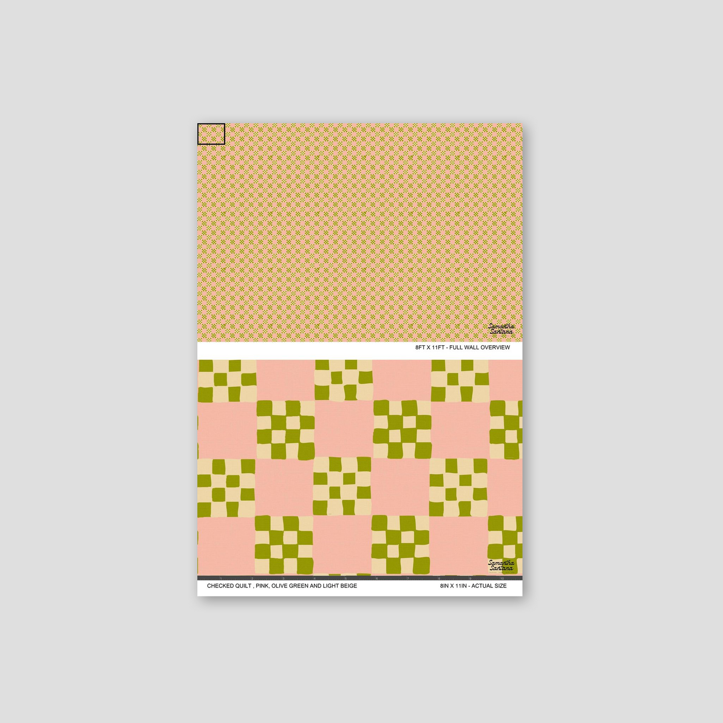Checked quilt wallpaper with pink, olive green, and light beige geometric pattern.