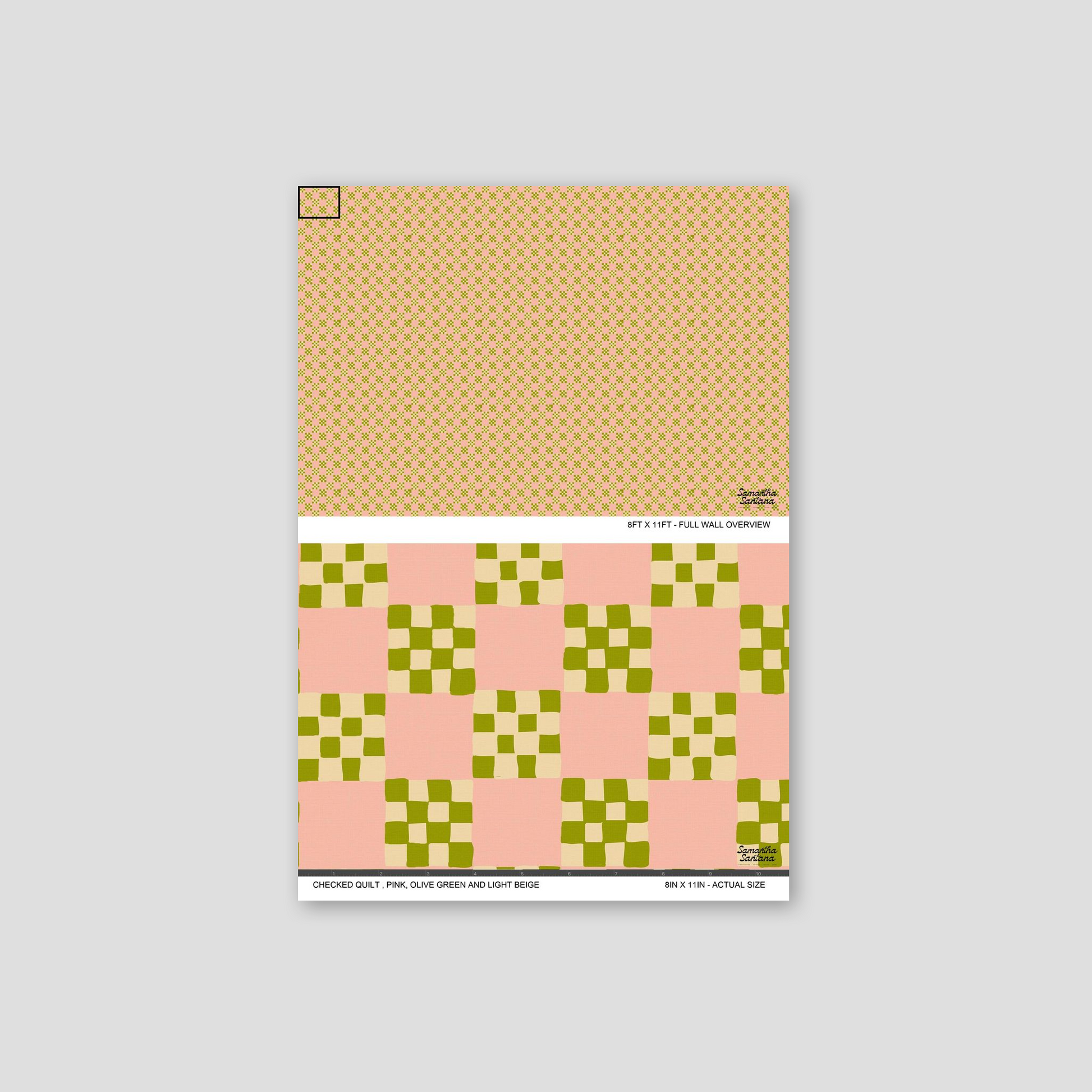 Checked quilt wallpaper with pink, olive green, and light beige geometric pattern.
