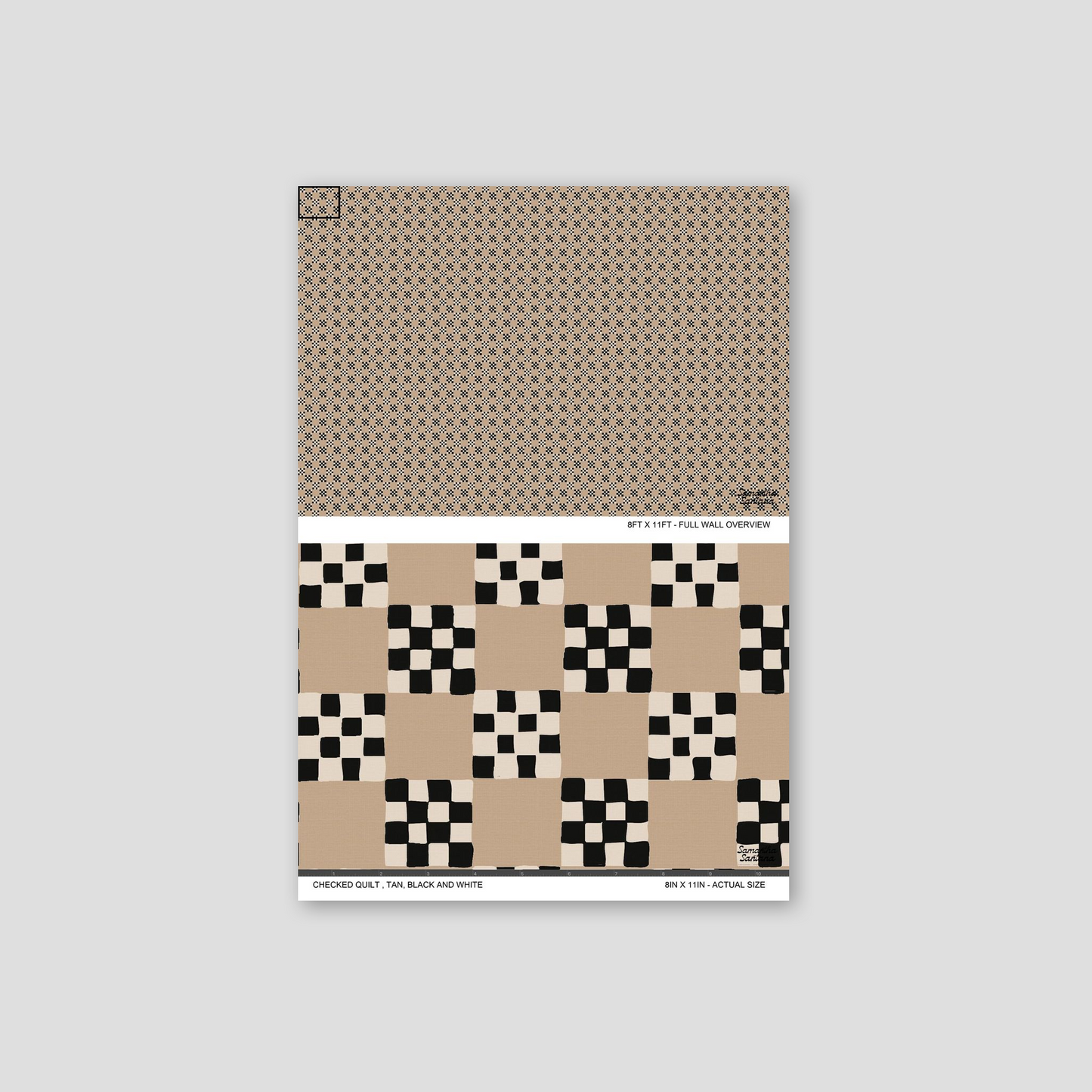 Checked quilt wallpaper with tan, black, and white geometric pattern