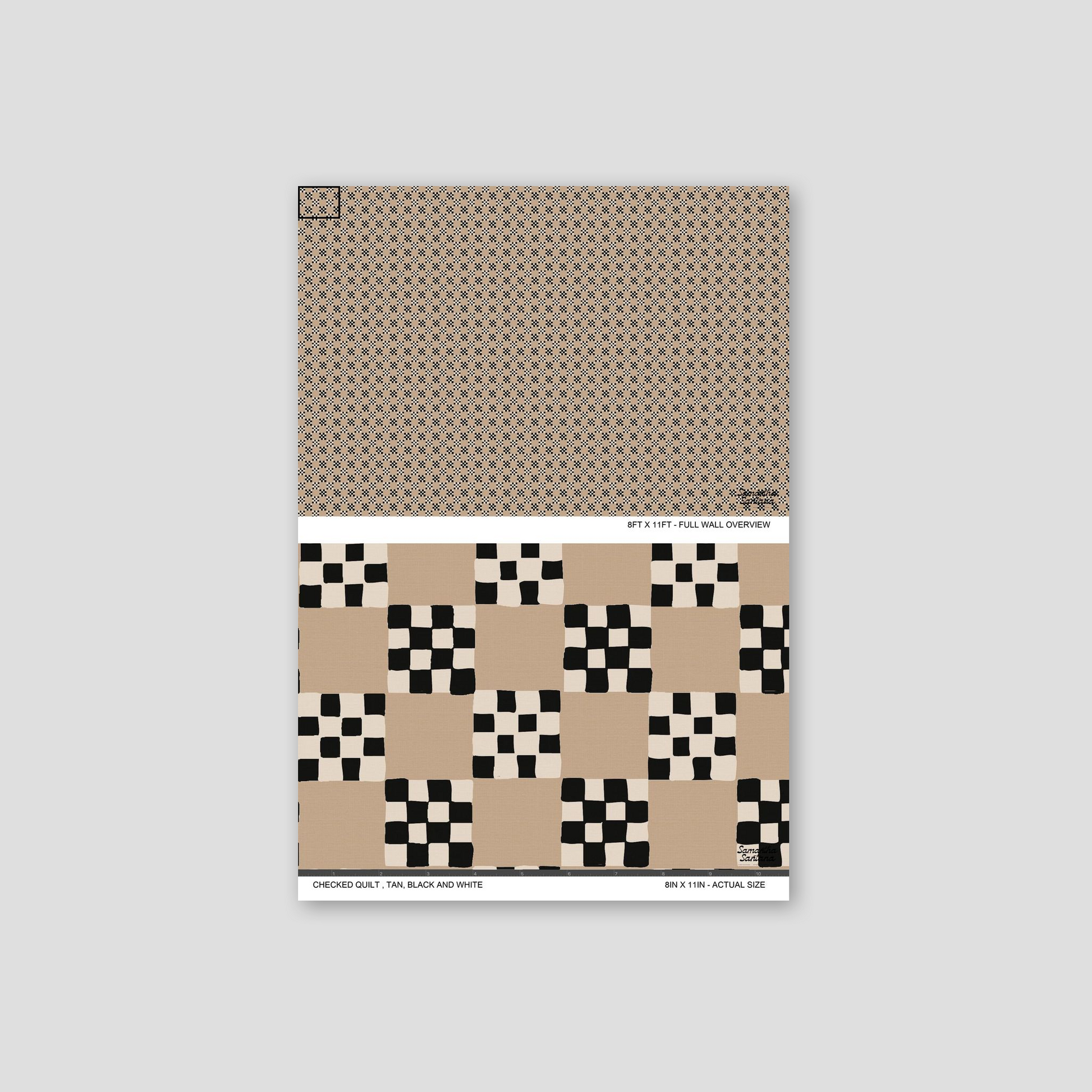 Checked quilt wallpaper with tan, black, and white geometric pattern