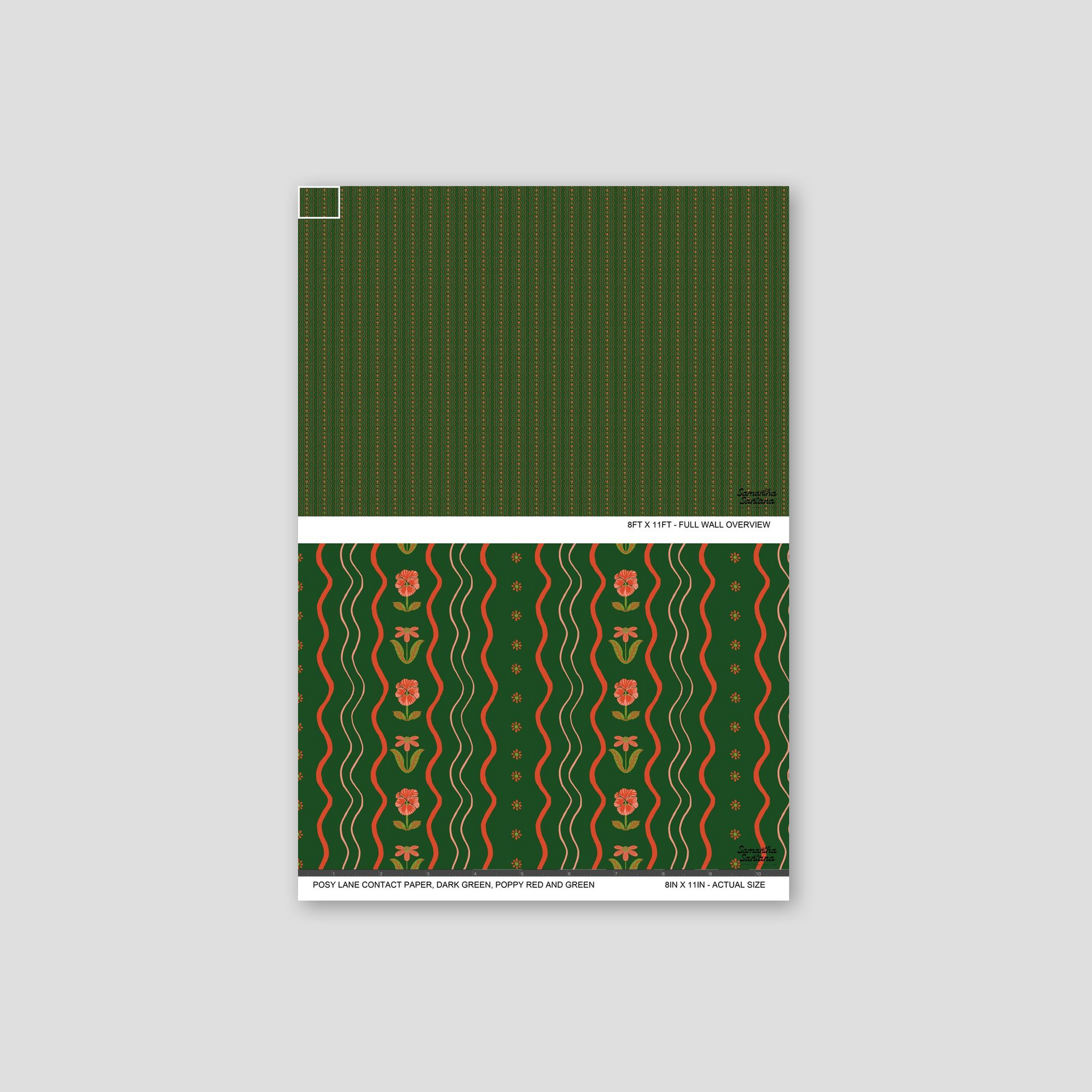 Dark green contact paper, shelf liner with poppy red floral pattern and curvy lines.