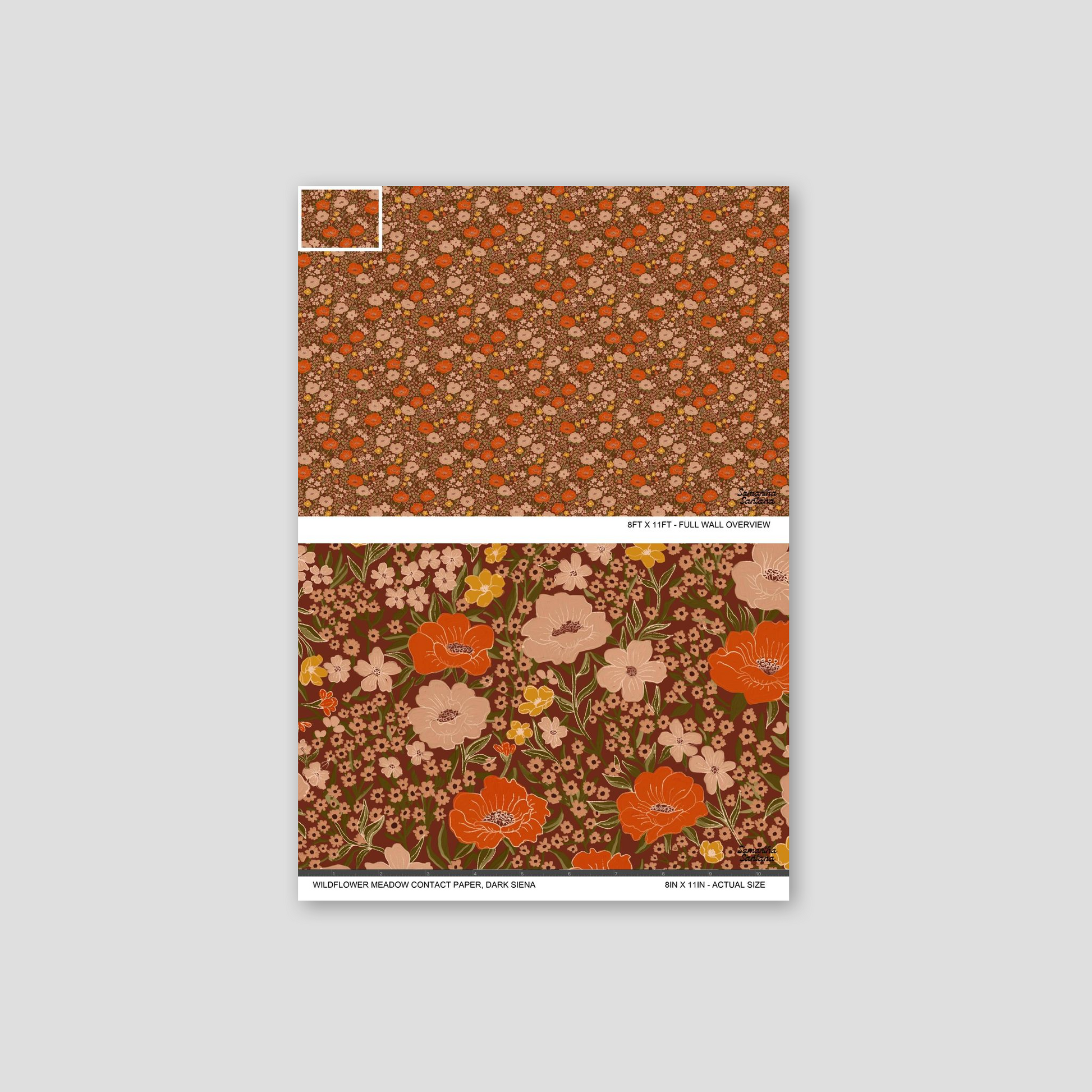 Dark siena floral contact paper, shelf liner with vibrant blooms in detailed pattern.