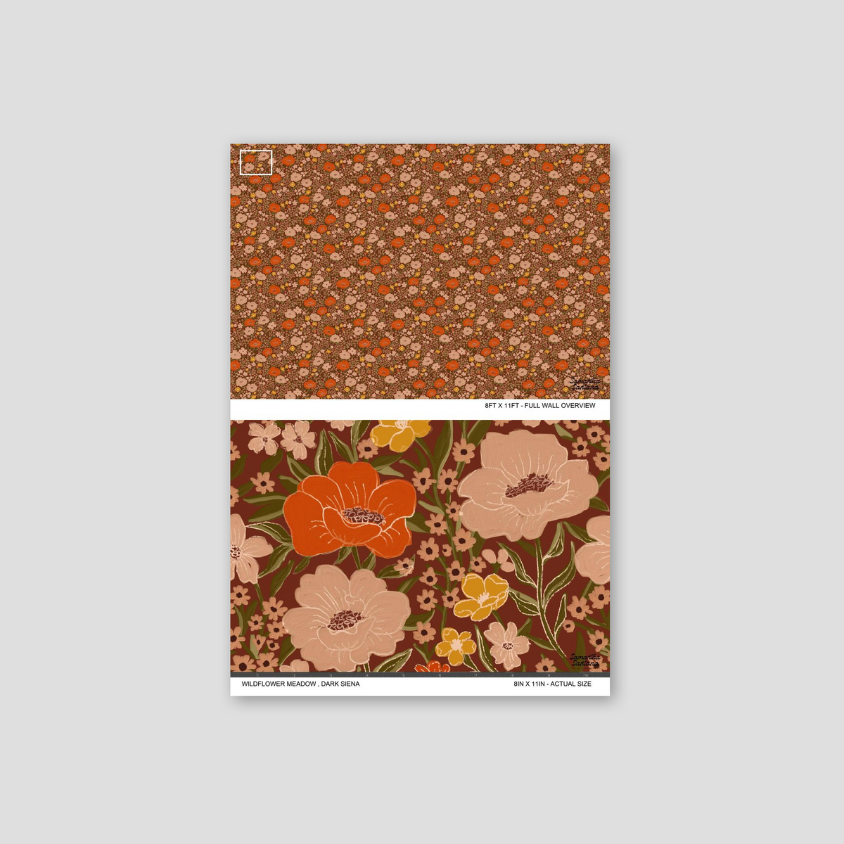 Dark siena floral wallpaper with vibrant wildflowers in reds and pastels.