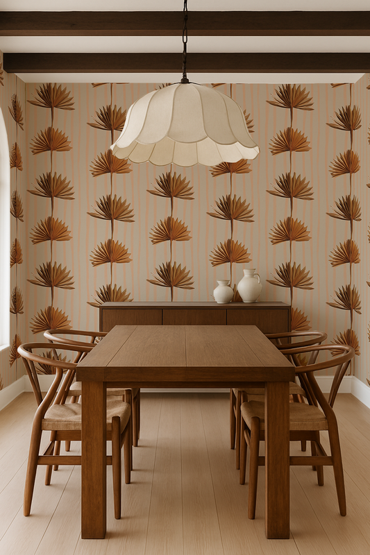 Stripey Palm Wallpaper, neutral peach and mustard