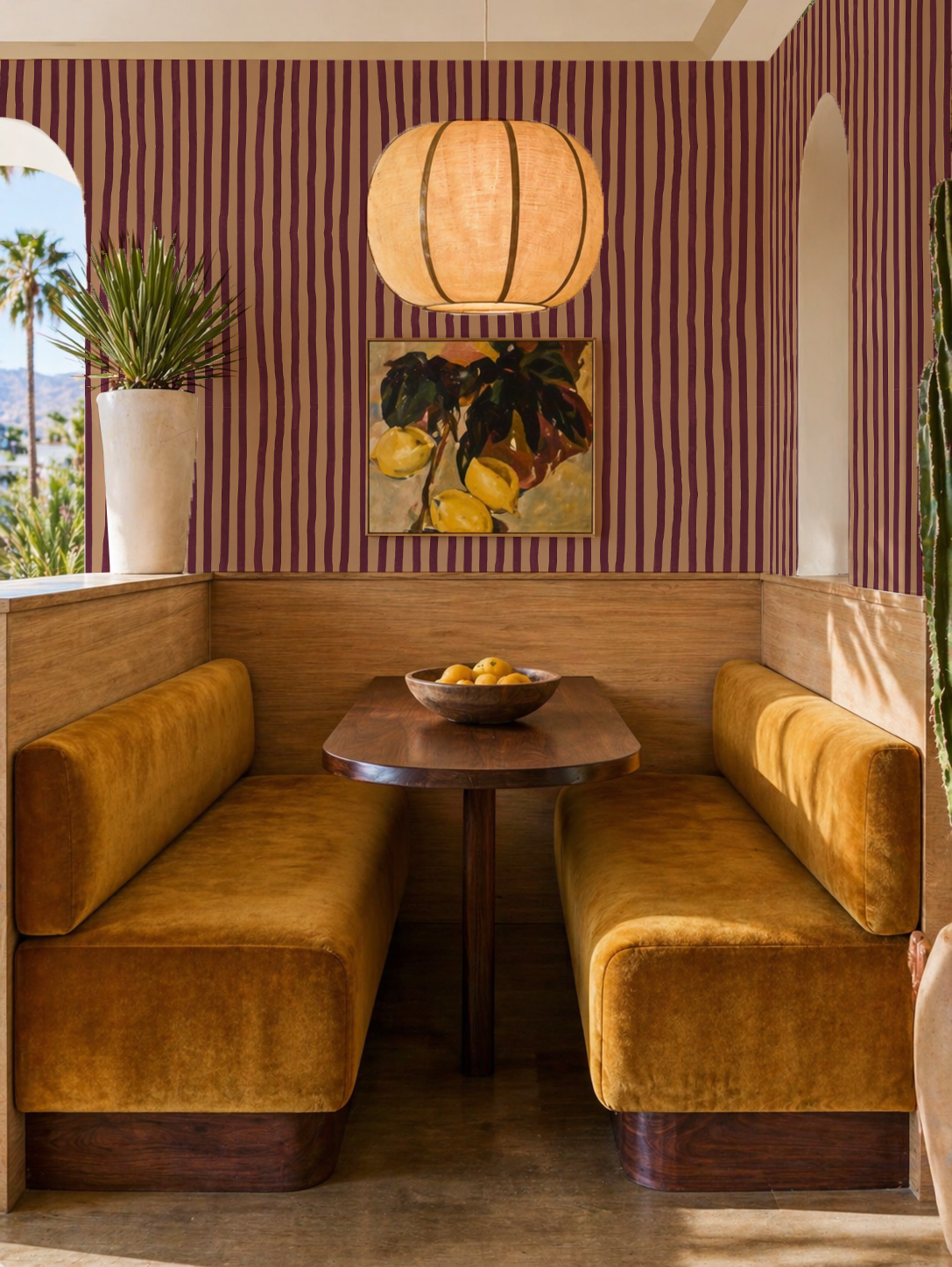 Dolce Stripe Wallpaper, peach and eggplant