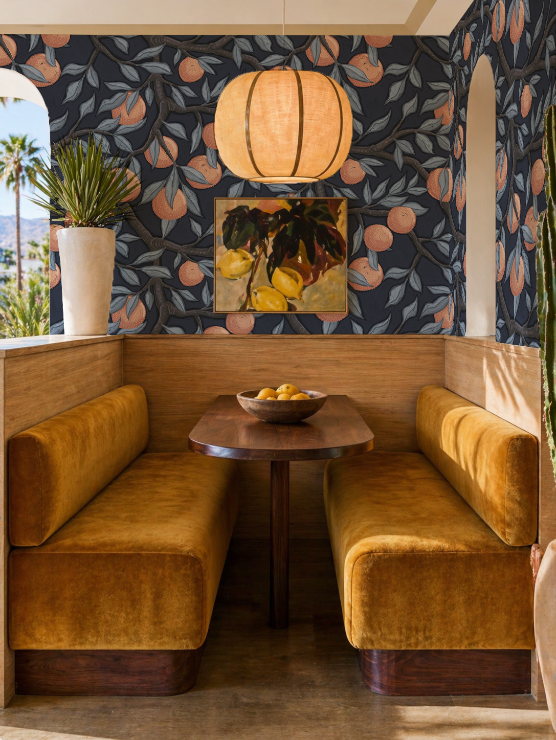 Valencia Grove Wallpaper, navy and muted orange