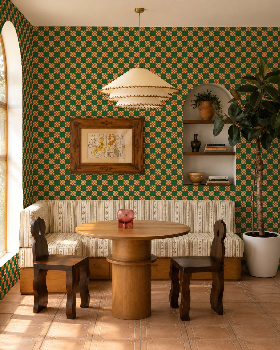 Cantina Check Wallpaper, green, peach and toffee
