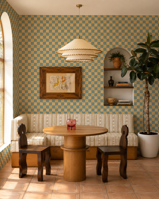 Cantina Check Wallpaper, light blue, yellow and white