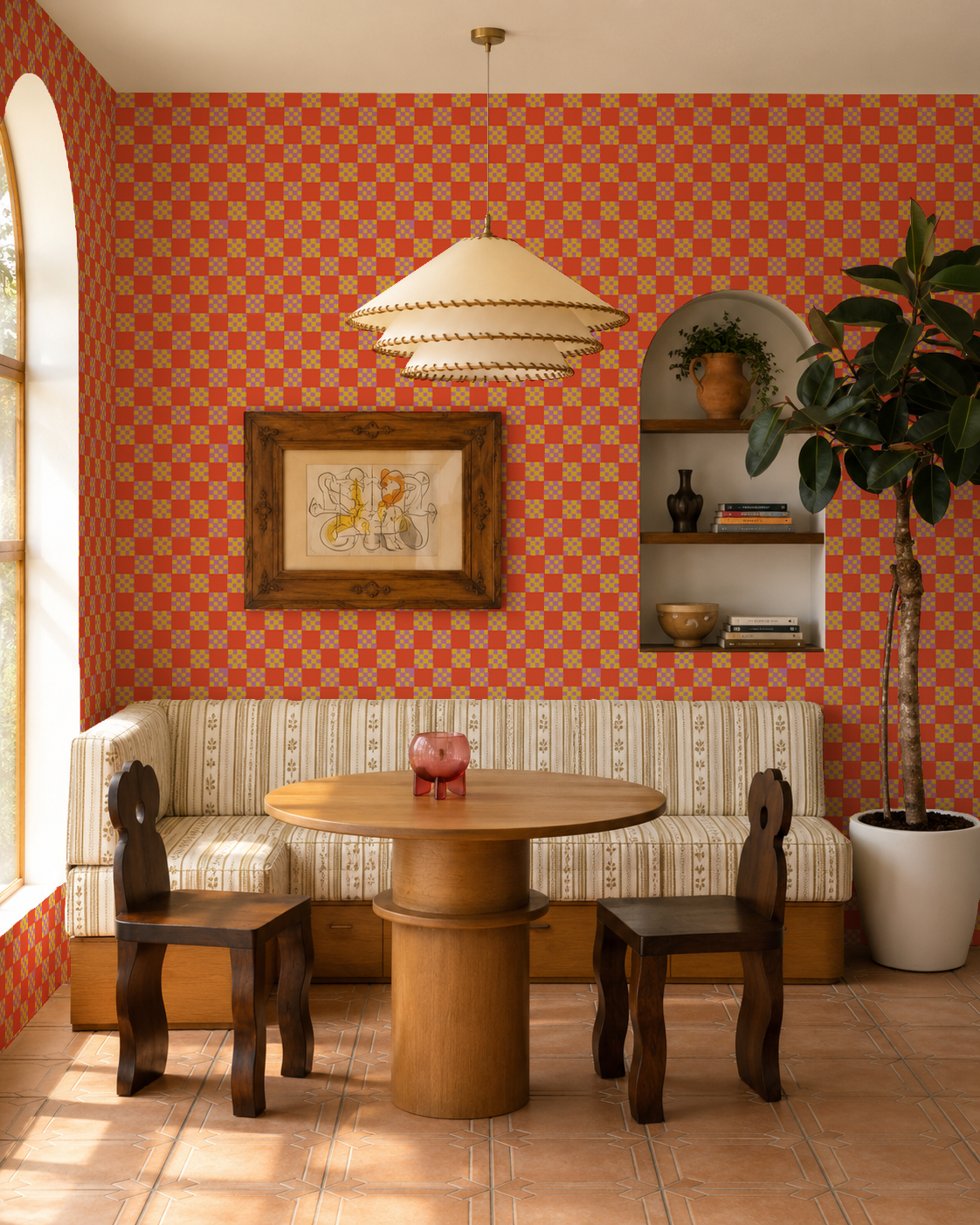 Cantina Check Wallpaper, red-orange, yellow and purple