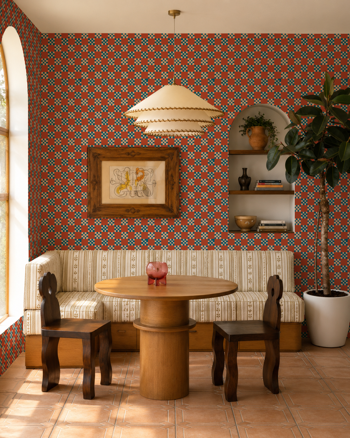 Cantina Check Wallpaper, rust, peach and blue