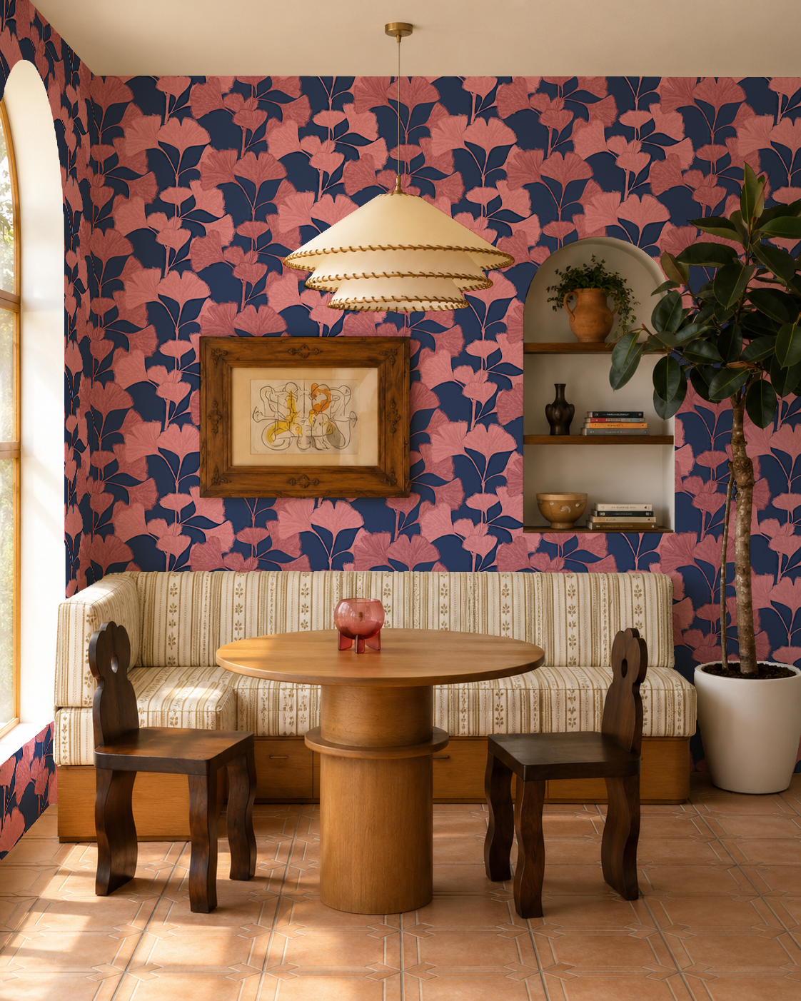 Ginkgo Vignette Wallpaper, blue and pink