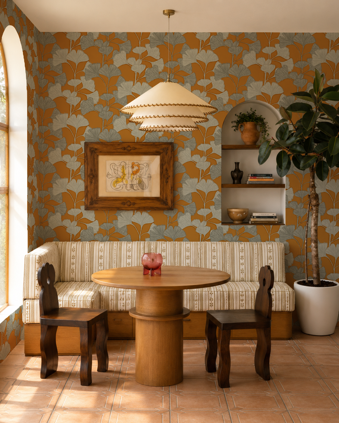 Ginkgo Vignette Wallpaper, golden rod and mint