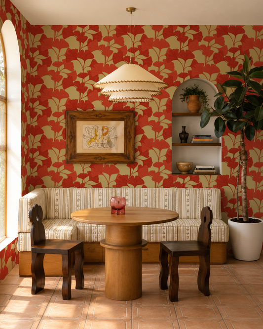 Ginkgo Vignette Wallpaper, khaki green and red
