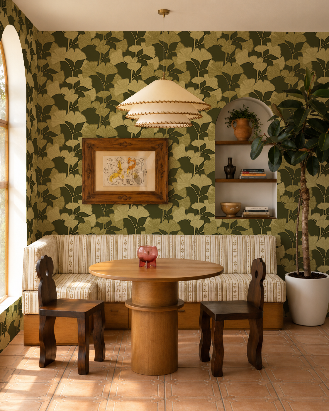 Gingko Vignette Wallpaper, green and light chartreuse