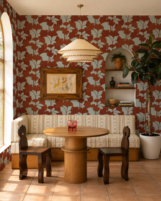 Ginkgo Vignette Wallpaper, light blue and rust