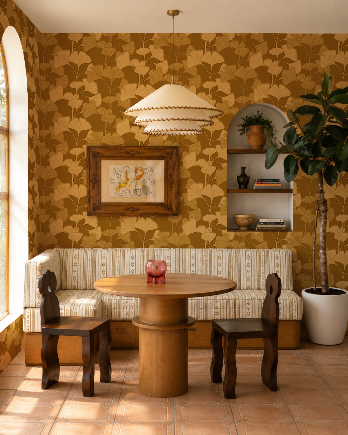 Gingko Vignette Wallpaper, mustard and yellow
