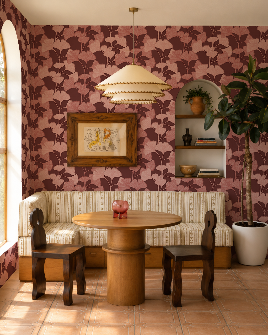Gingko Vignette Wallpaper, muted wine and blush