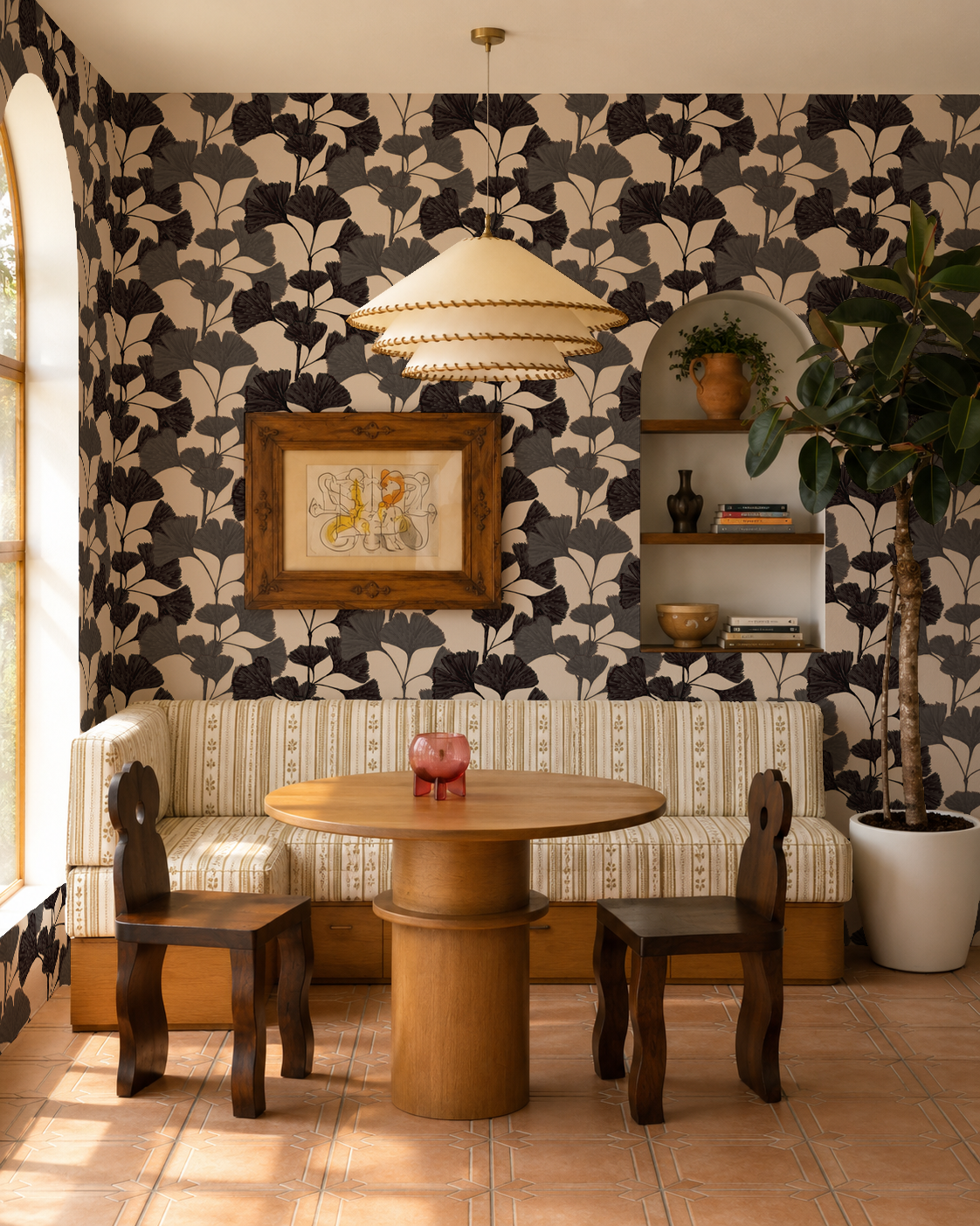 Ginkgo Vignette Wallpaper, neutral and black