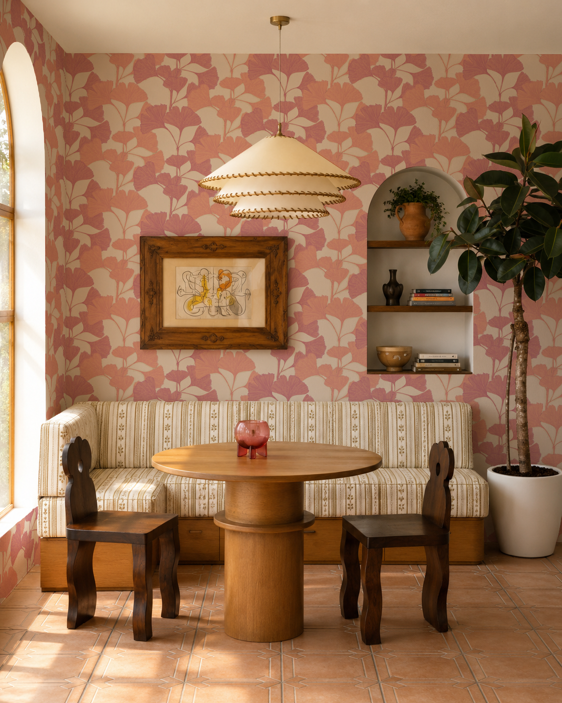 Ginkgo Vignette Wallpaper, neutral and coral, magenta