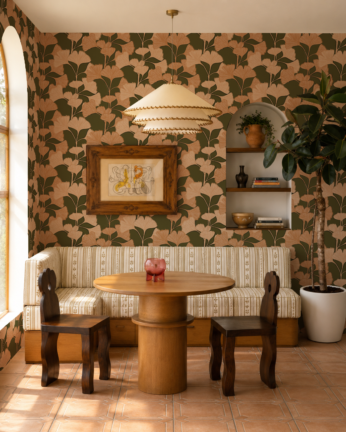 Gingko Vignette Wallpaper, olive green and peach
