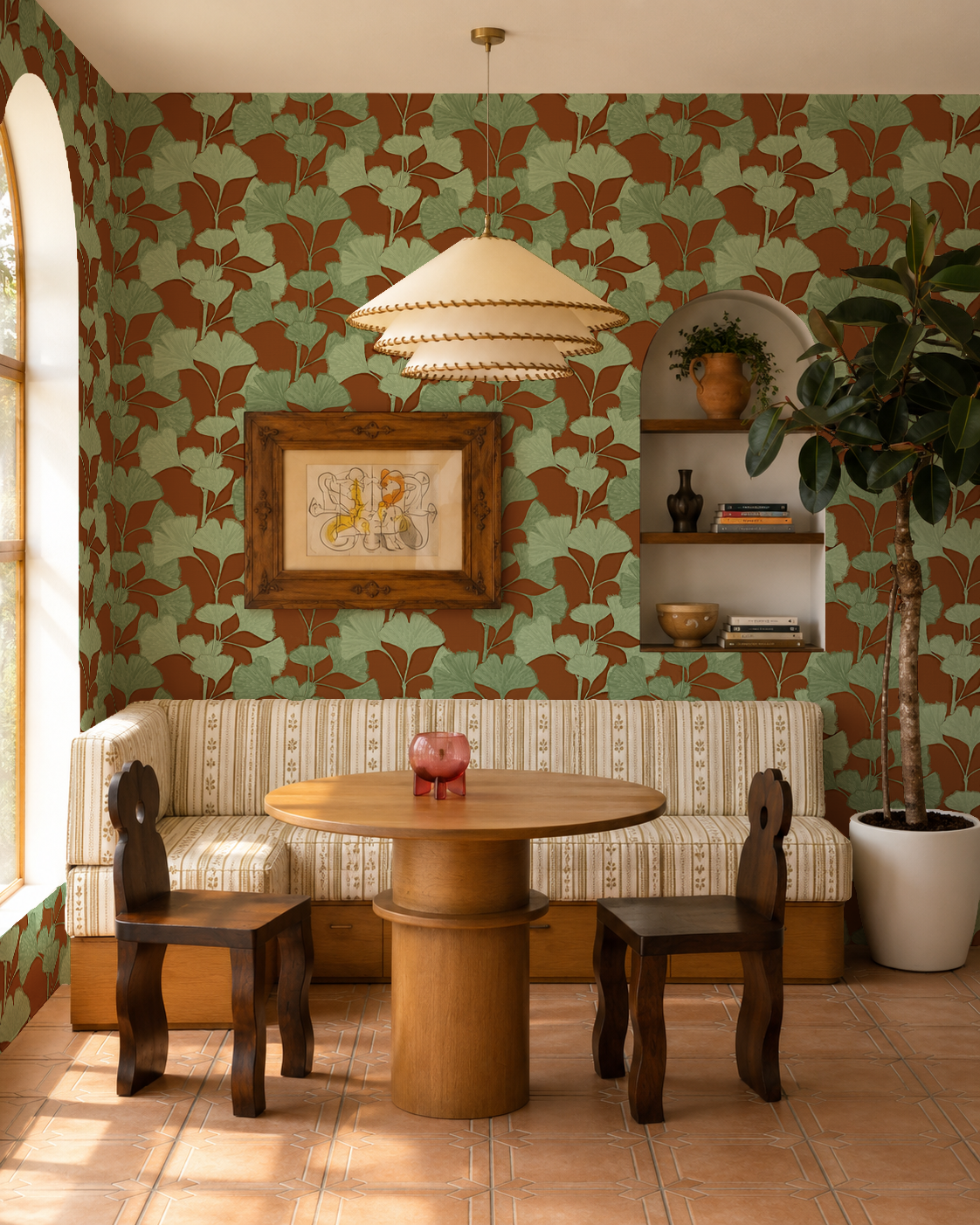 Ginkgo Vignette Wallpaper, rust and sage