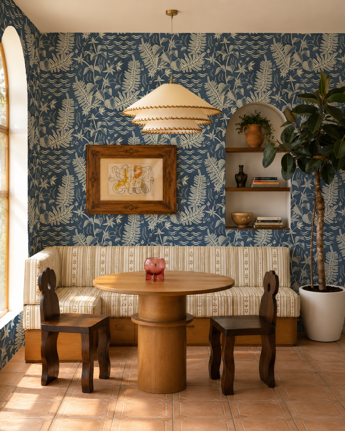 Verdant Folia Wallpaper, blue and off-white