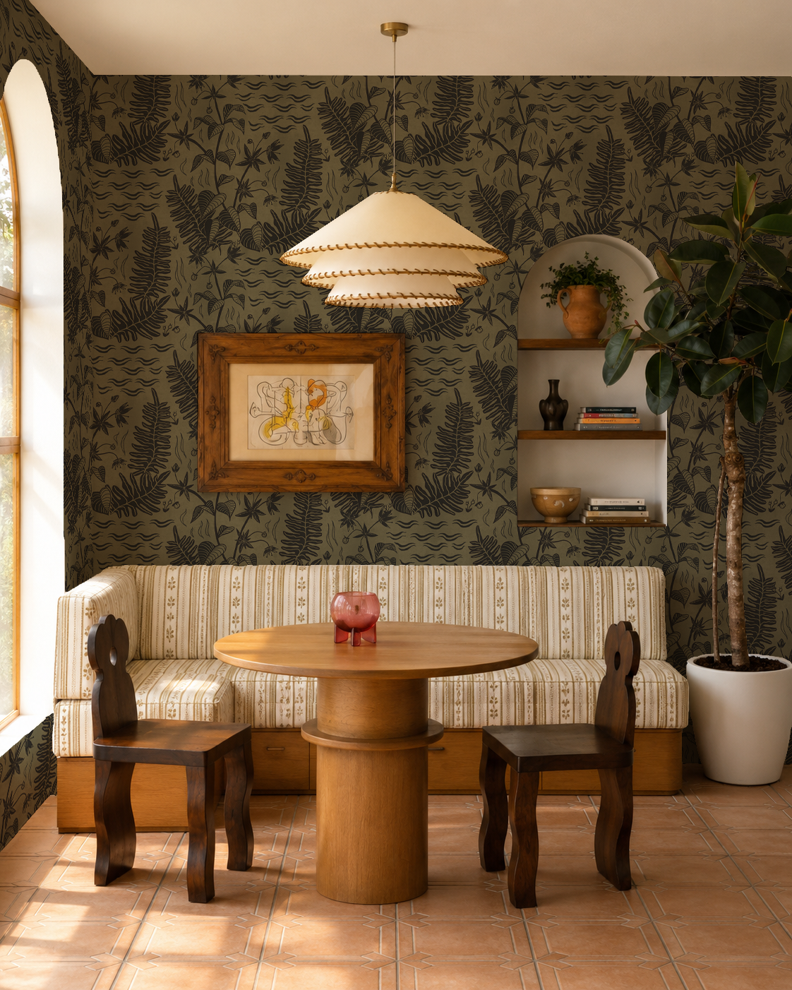 Verdant Folia Wallpaper, dark olive and charcoal