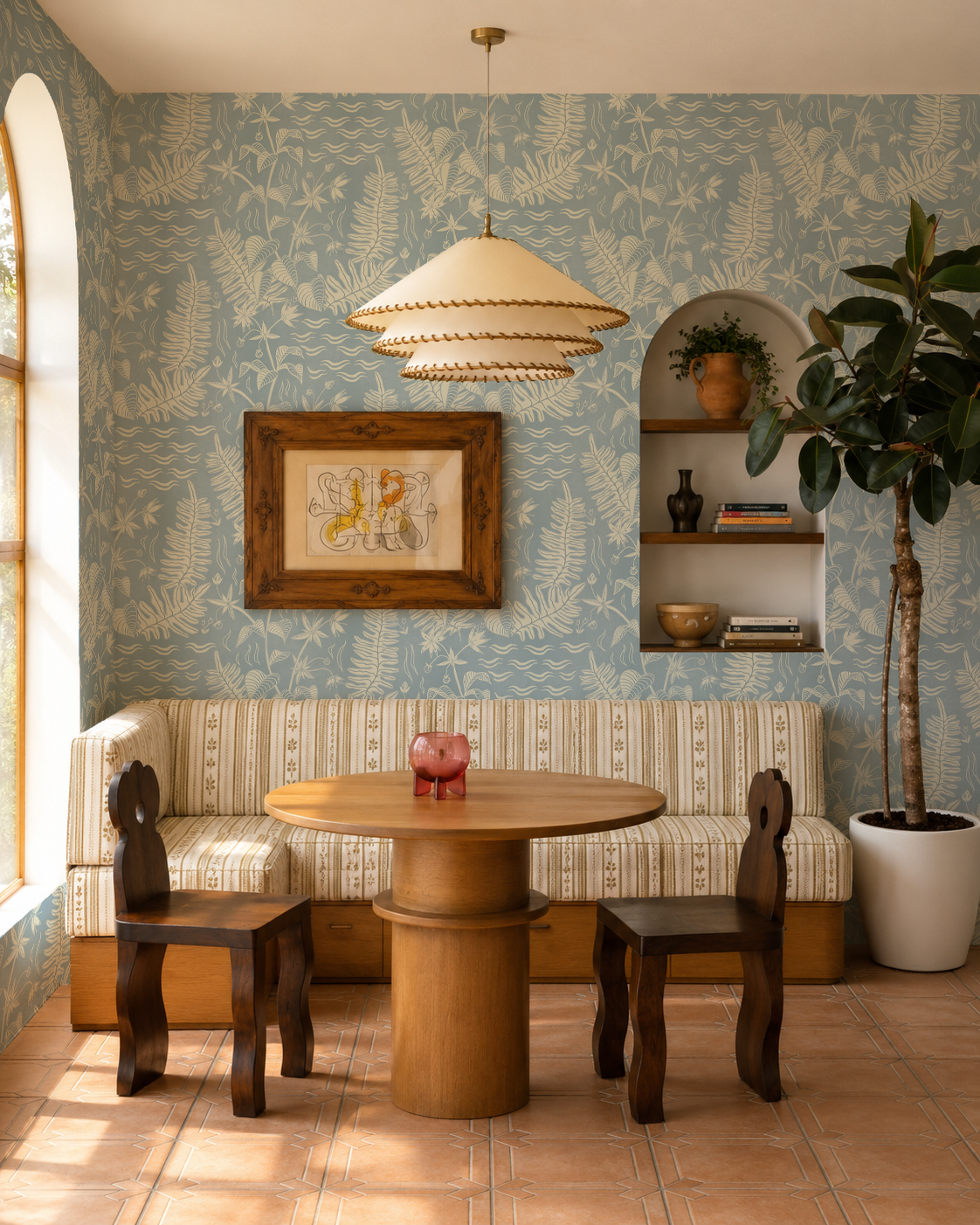 Verdant Folia Wallpaper, light blue and off-white