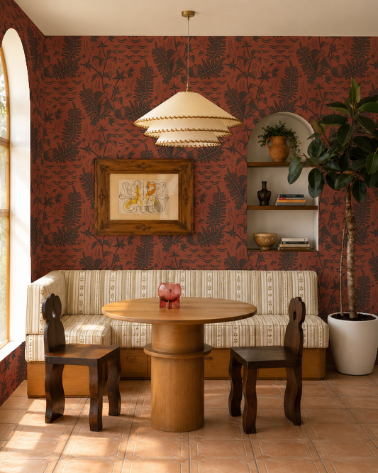 Verdant Folia Wallpaper, rust and charcoal