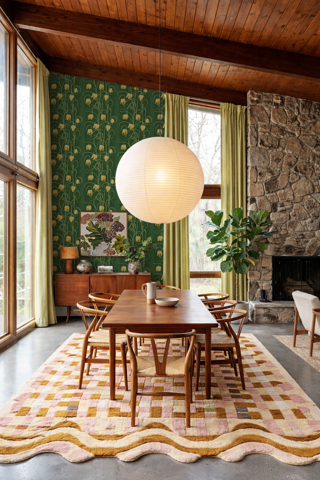 Campanas Wallpaper, dark green and ocher