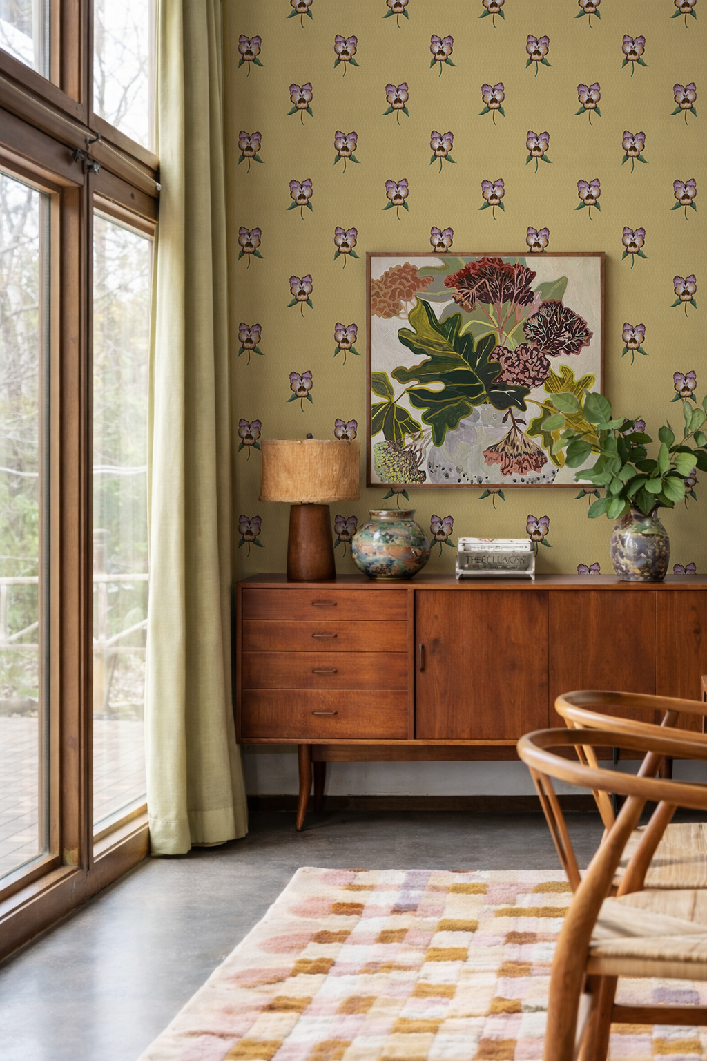 Pansy Parade Wallpaper, butter yellow and purple