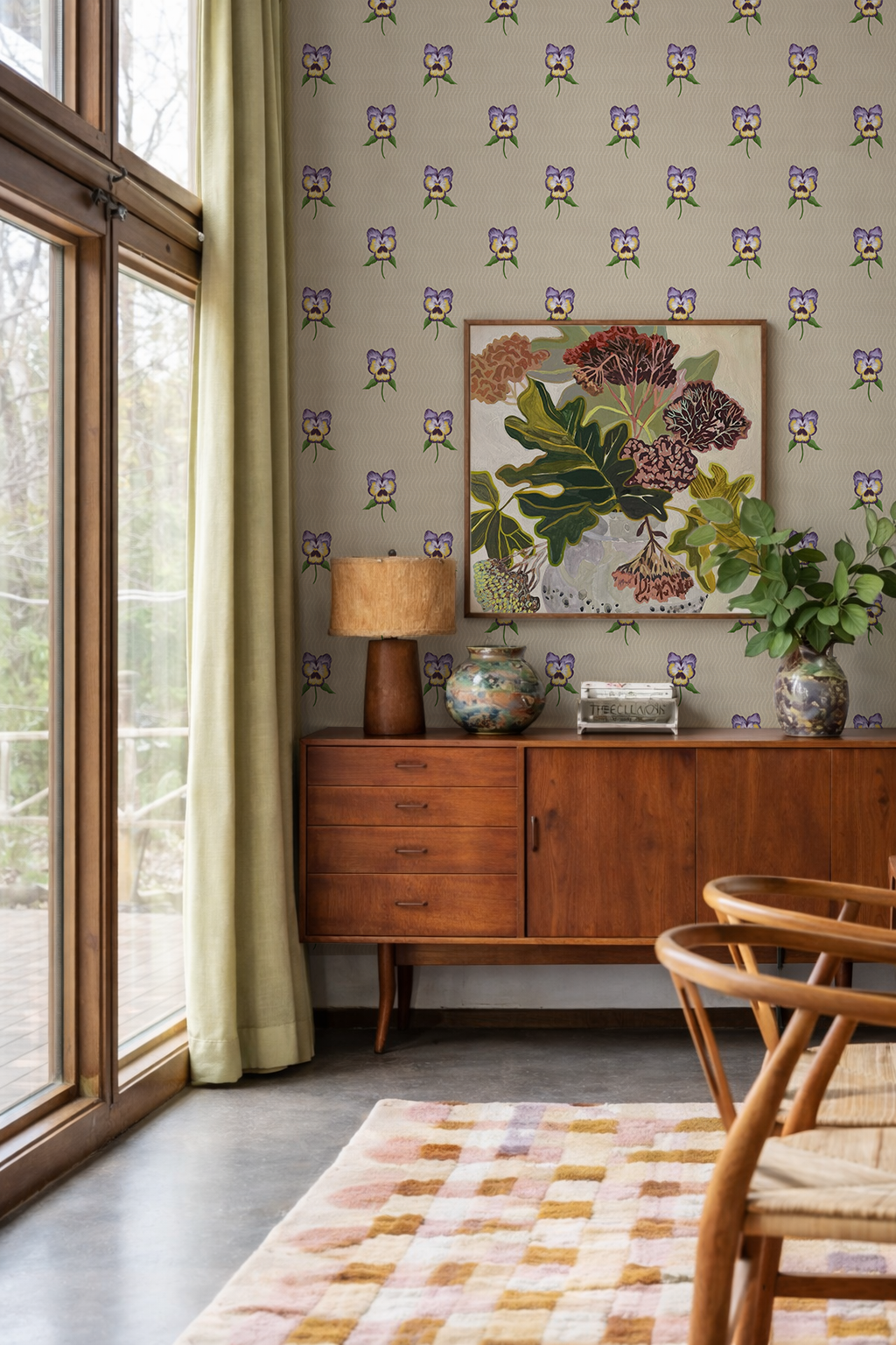 Pansy Parade Wallpaper, neutral and purple
