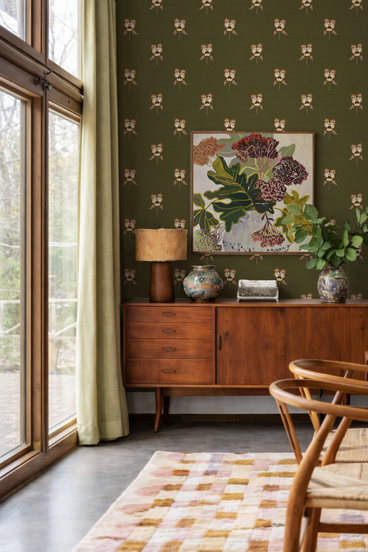 Pansy Parade Wallpaper, olive green and brown