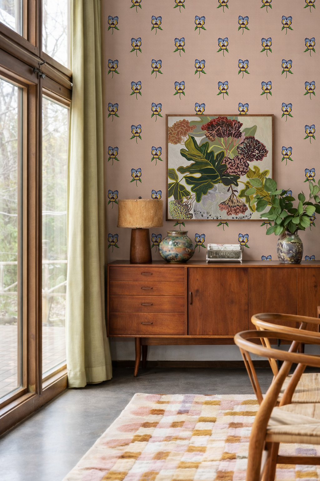 Pansy Parade Wallpaper, peach and violet blue