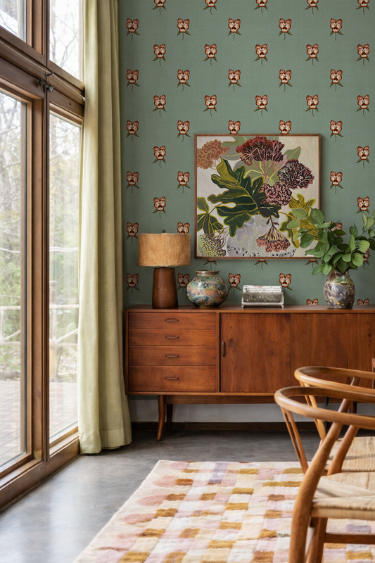 Pansy Parade Wallpaper, sage and brown