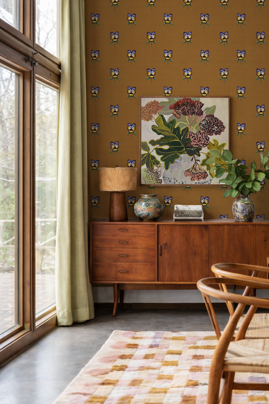 Pansy Parade Wallpaper, toffee and violet