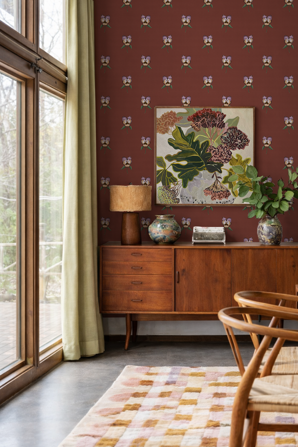 Pansy Parade Wallpaper, wine and lavender